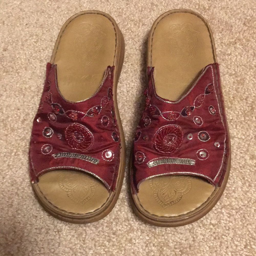 Red sequined sandals.